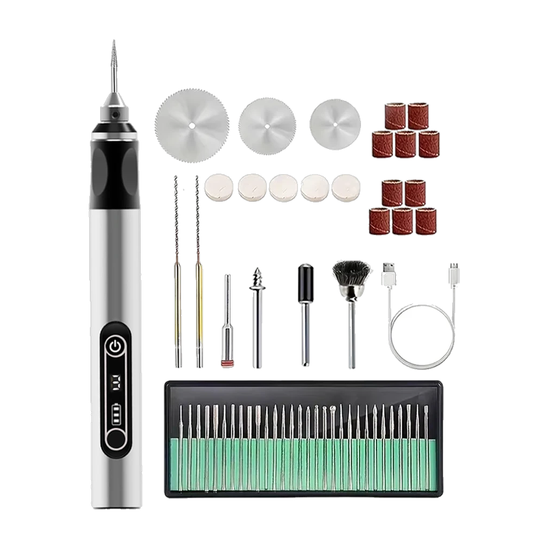 A cordless rotary tool with its accessories.